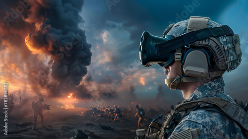 An image combining a virtual reality headset with a battlefield, symbolizing the simulation of warfare in training and planning photo