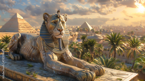 A 3D model of a mystical sphinx posing riddles to travelers  set against the backdrop of the Great Pyramids