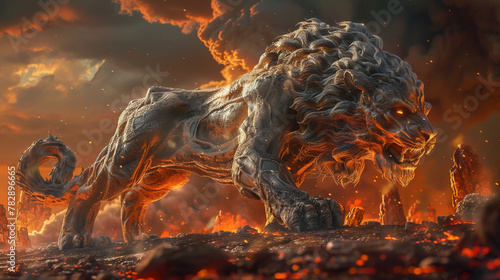 A 3D model of a mythical beast, a Chimera, set against the backdrop of a volcanic landscape