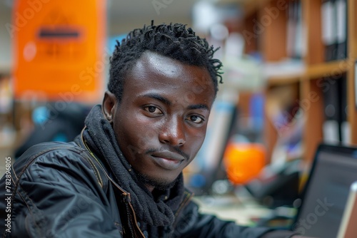 A young African man focused on his laptop in a library or office setup