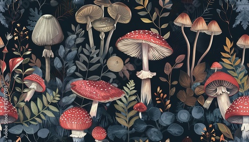mushrooms in the autumn forest, fly agaric mushroom in forest, Beautiful vintage mushroom plants in the forest