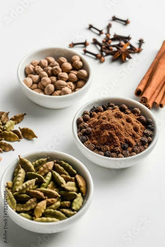 Top View, a collection of various aromatic herbs and spices in bowls.