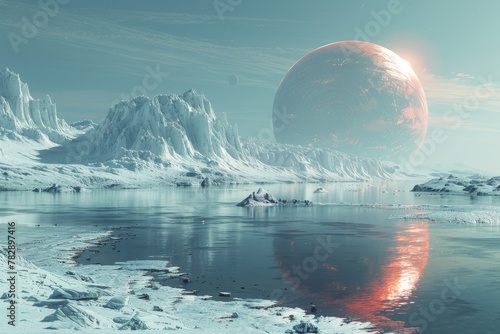 This scene illustrates a peaceful alien lake with a looming planet in the backdrop reflecting a sunrise or sunset
