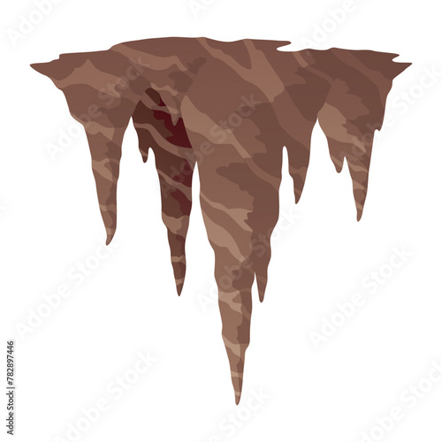 Stalactite. Icicle shaped hanging mineral formations in cave. Nature brown limestone, material stone icon. Natural growth geology formations
