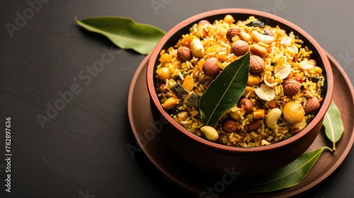 A Bountiful Bowl of Spicy Puffed Rice (Bhelpuri) is a Savoury snack from India, Top View.