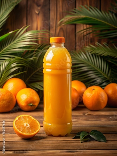 A bottle of orange juice with a half-cut orange and other oranges in the background