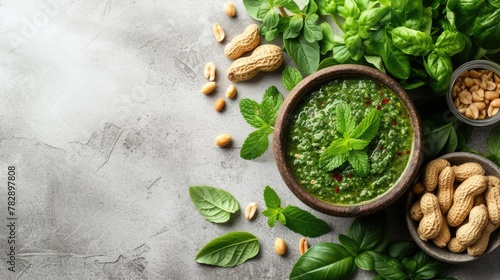 Top View, a table filled with Freshly made ultra-flavorful, aromatic basil with pine nuts pesto bowl.