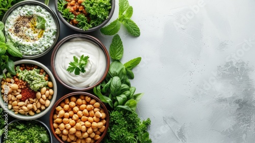 Top View, a table filled with Freshly made ultra-flavorful, aromatic basil with pine nuts pesto bowl.