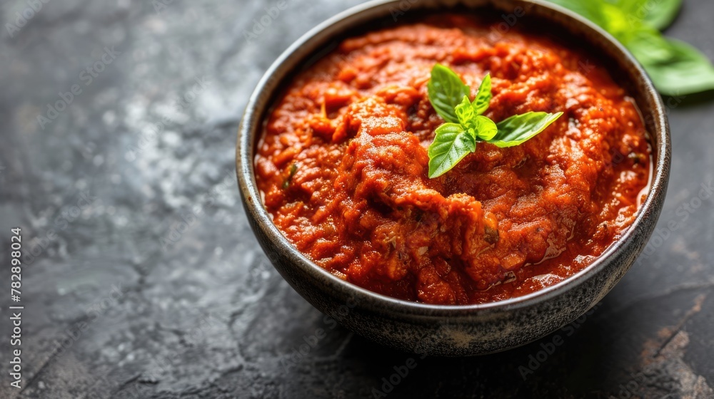 Top View, a large bowl filled with a rich and flavorful red sauce. Top View, a large bowl filled with a rich and flavorful red sauce.