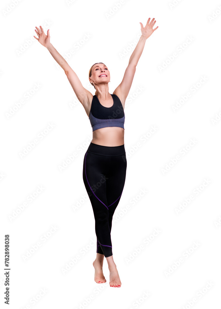 Gym Fitness. Smiling adult woman. Isolated over white background