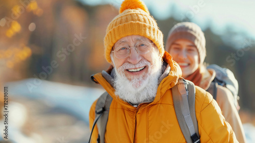 Senior couple hiking, joyful moment, outdoor adventure.