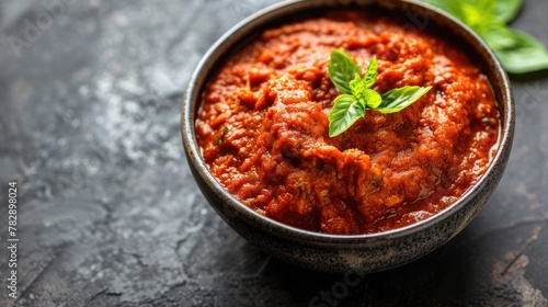  Top View, a large bowl filled with a rich and flavorful red sauce.