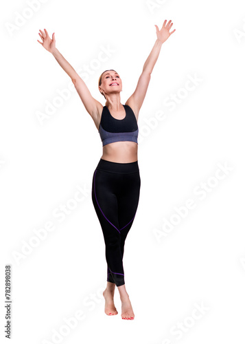 Gym Fitness. Smiling adult woman. Isolated over white background