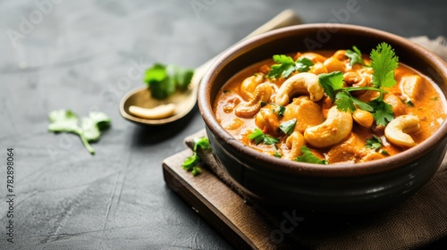 Top View, A delicious and hearty meal awaits in this steaming bowl of cashew curry on the dining table. photo