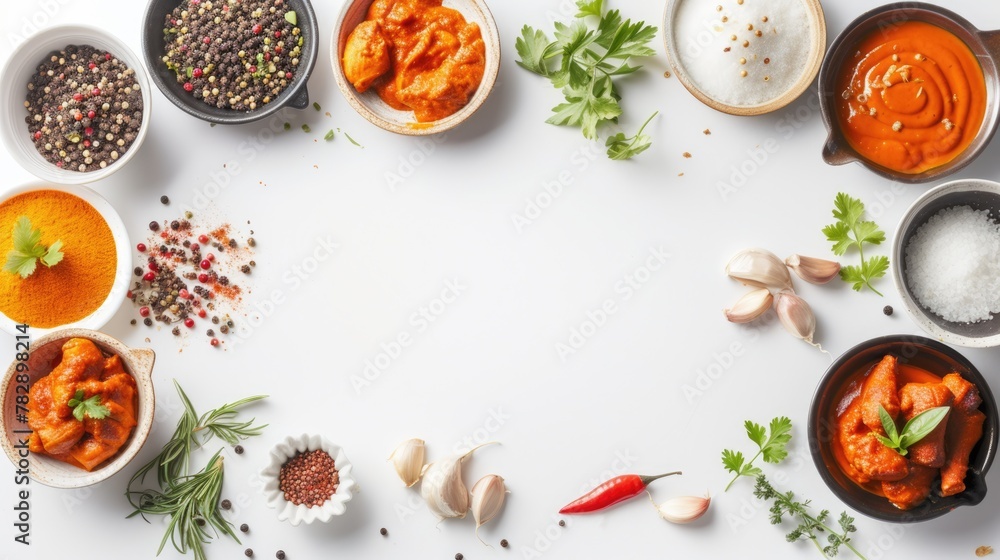 Mouth-watering Indian Dishes of Chicken Curry with Ingredients on Table, Top view. Mouth-watering Indian Dishes of Chicken Curry with Ingredients on Table, Top view.