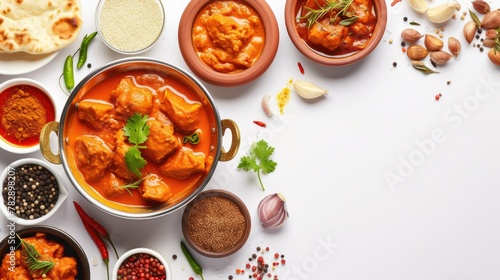  Mouth-watering Indian Dishes of Chicken Curry with Ingredients on Table, Top view.