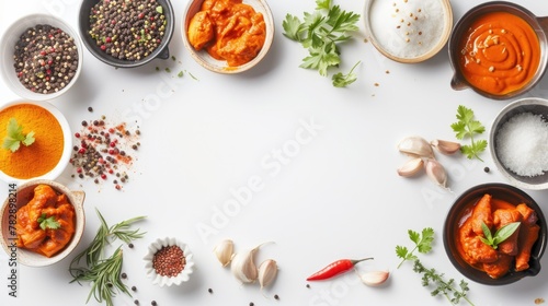  Mouth-watering Indian Dishes of Chicken Curry with Ingredients on Table, Top view.