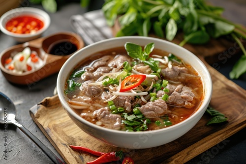  Top View, a nourishing Vietnamese dish called Pho Ga Asan, which consists of a hearty bowl of soup