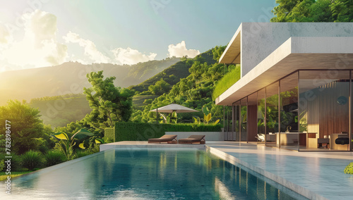 3D render of a modern concrete house with a pool and green grass  a luxurious villa