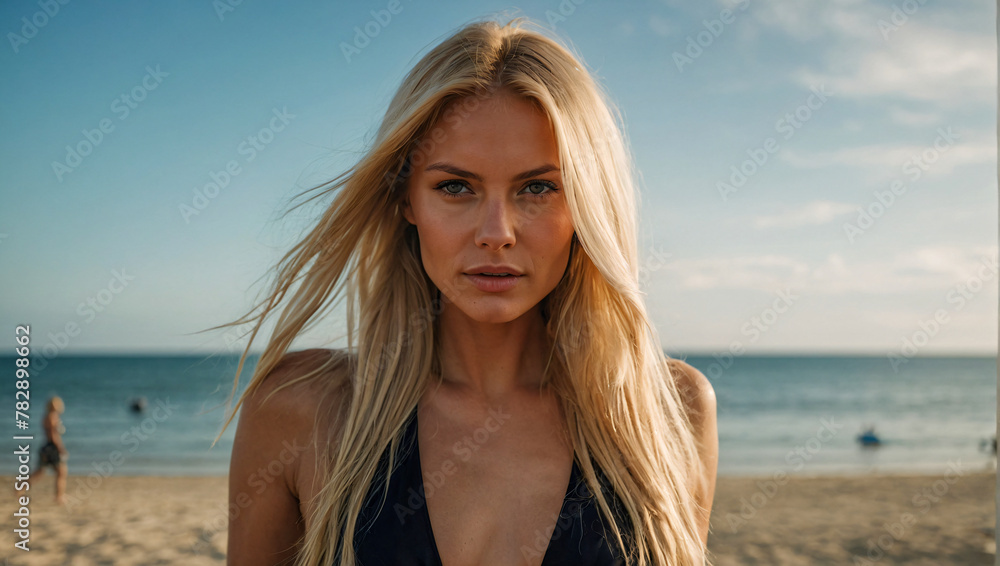 stunning scandinavian woman with blonde hair is wearing a bikini on the beautiful beach