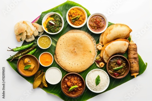 South Indian thali - delicious south Indian dish on fresh banana leaf.