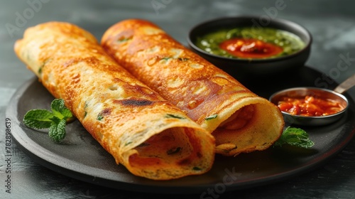 South Indian dish dosa with sambhar and chutney on a plate.