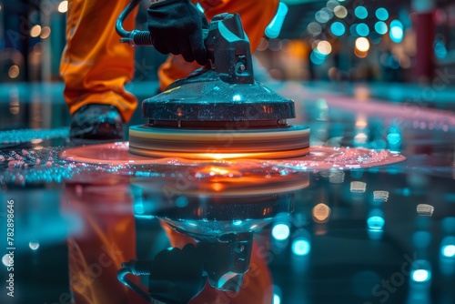 Skilled worker operates a high-speed polishing machine on a sparkling clean reflective surface photo