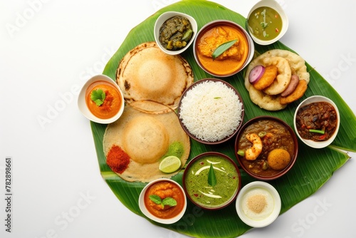 Variety of South Indian Food on Fresh Banana leaf.