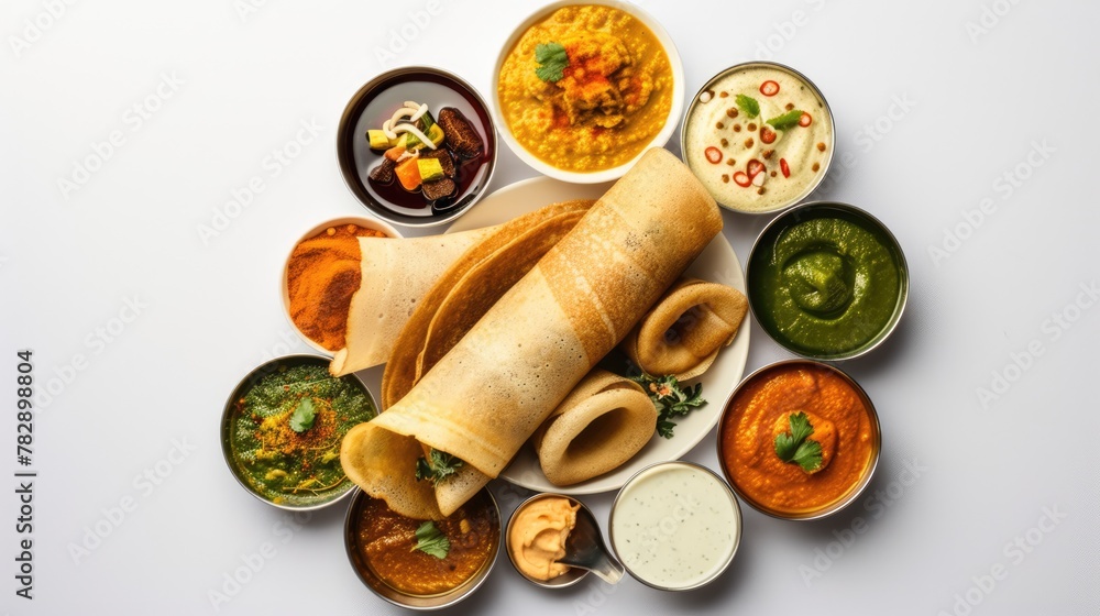 Delicious south indian dosa, chutney and many variety dish on a plate.