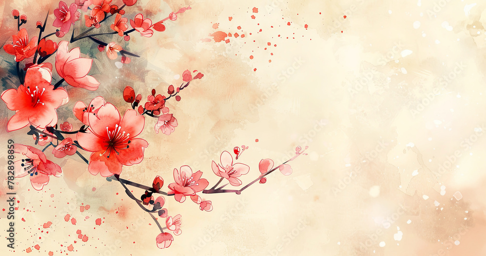 Japanese style watercolor spring floral background. Asian abstract panorama.