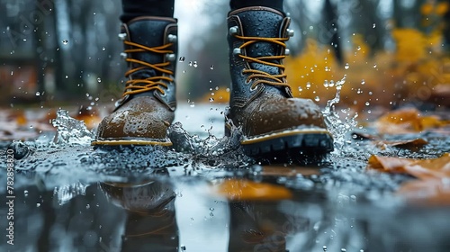 Close up of feet jumping on puddle.