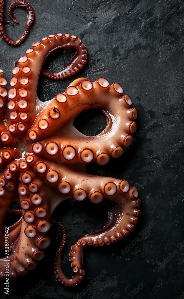 Top view of fresh octopus on a dark background, leaving space for text, this high resolution photographic stock photo is in the style of space for text Top view of fresh octopus on a dark background, leaving space for text, this high resolution photographic stock photo is in the style of space for text