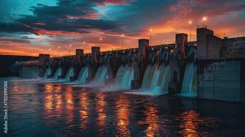 Majestic Twilight Over Hydroelectric Dam Spillway