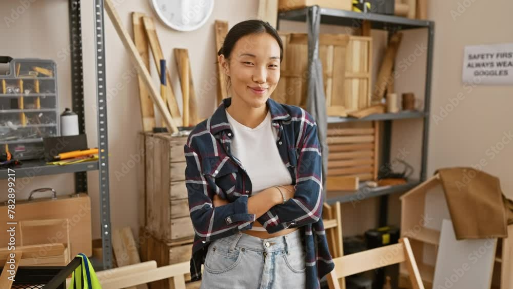 A confident young asian woman stands arms crossed in a well-organized carpentry workshop, embodying creativity and craftsmanship. A confident young asian woman stands arms crossed in a well-organized carpentry workshop, embodying creativity and craftsmanship.