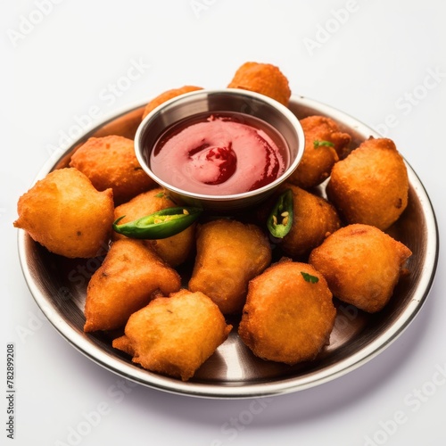 Indian dish batata vada served in a plate with chilli and red sauce.