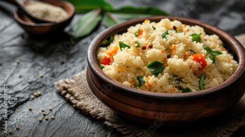 Freshly cooked tapioca pearls (khichdi) topping with vegetables in bowl, ready to be eaten.
