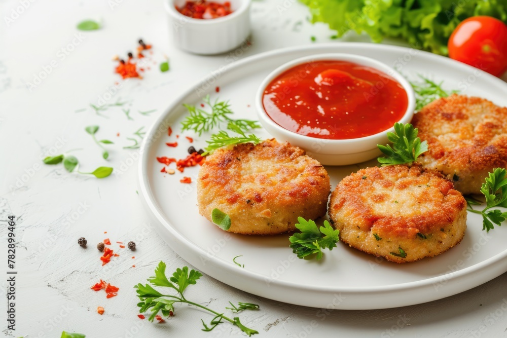 Appetizing fried potato patties with red sauce on dining table, ready to be eaten.