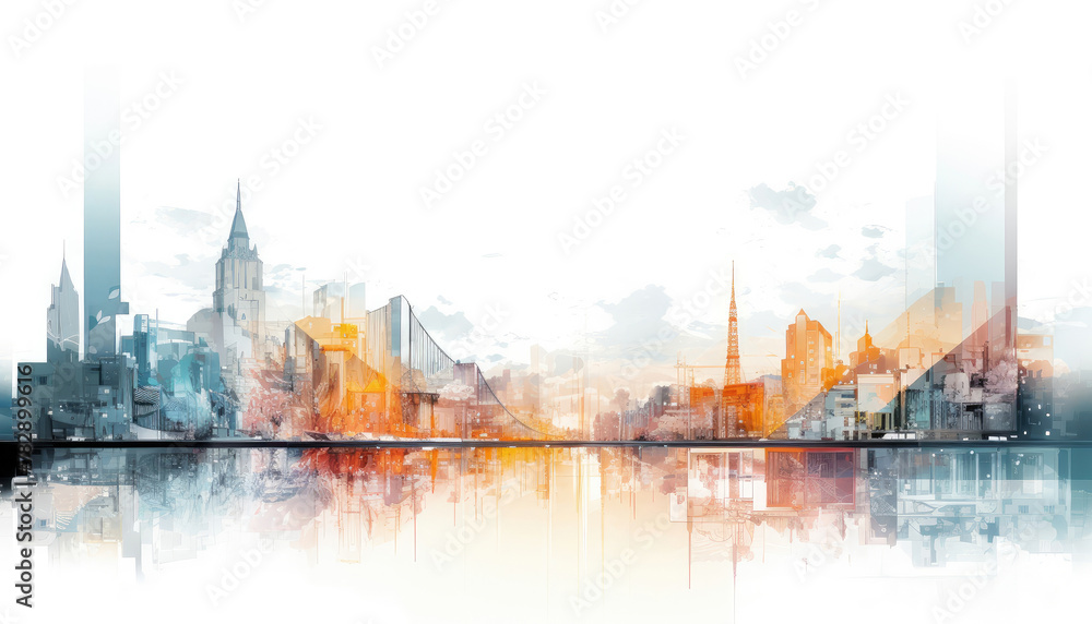 Fototapeta premium Abstract Watercolor Urban Skyline with Reflection