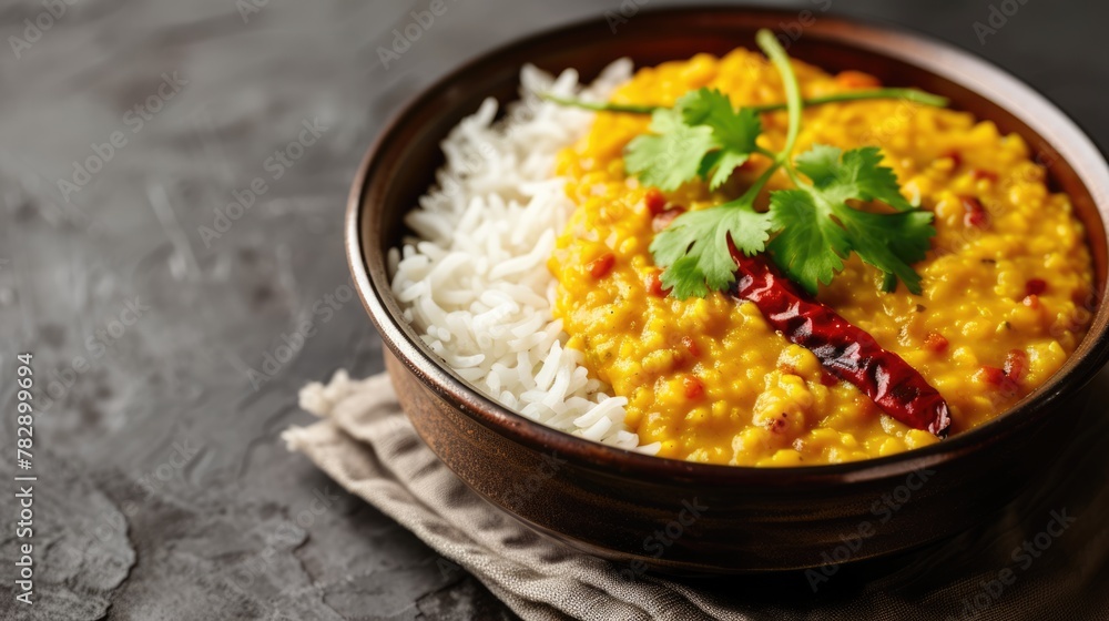 yellow lentils and white rice in bowl, ready to be serve. yellow lentils and white rice in bowl, ready to be serve.