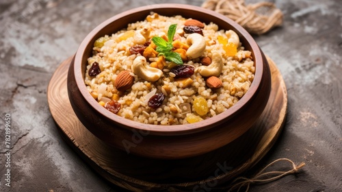 Healthy and delicious indian dessert (halwa) topping with dry fruit, ready to be eaten.