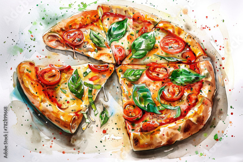 Vibrant watercolor illustration of a flavorful pizza.