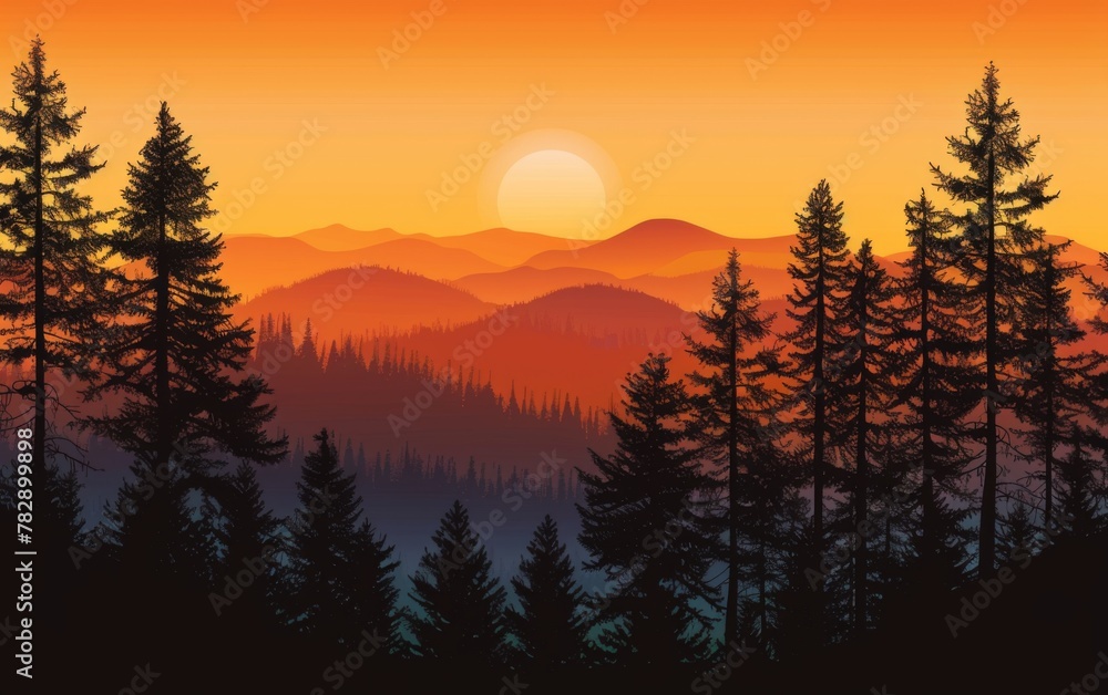 Sunset and silhouettes of trees in the mountains