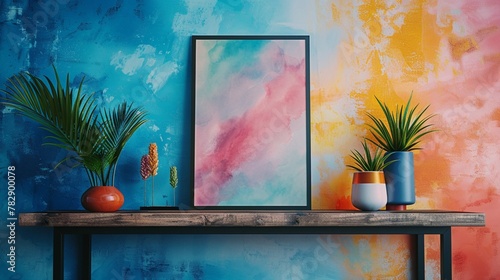 Dive into creativity with this dynamic 3D wall frame mockup featuring floating shelves against a vibrant abstract background,