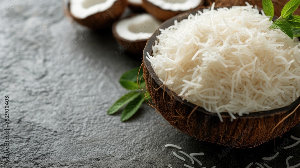 Sweet Shredded Coconut in Coco Bowl with Garnish Mint, Closeup Image.