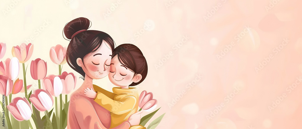 Pastel pink background, child hugged mom on cheek, tulips, mother day theme, with empty copy space
Pastel pink background, child hugged mom on cheek, tulips, mother day theme, with empty copy space