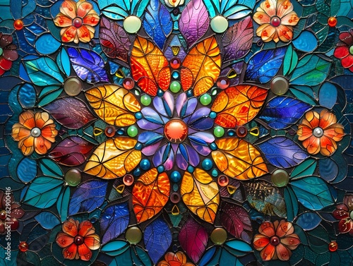 Bright and vivid stained glass mandala, adorned with intricate flower and butterfly patterns, radiating vibrant colors