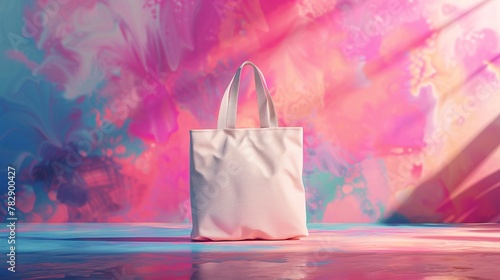 Elevate your brand with this artistic 3D mockup showcasing a canvas tote bag on an abstract painted background, 