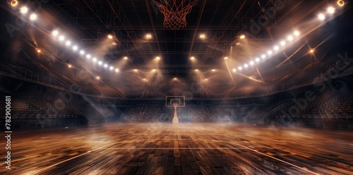 Basketball arena with spotlights and smoke, wide angle. © grigoryepremyan