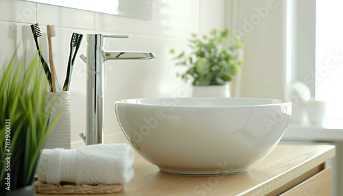 Sink bowl and cup with toothbrushes on chest of drawers in bathroom  closeup