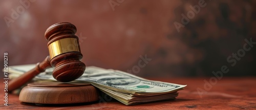 Gavel and Cash on Wooden Table Legal Concept photo